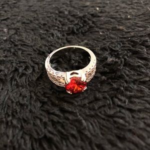 Red orange faux gemstone silver ring